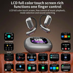 Wireless earbuds with a control panel and multiple functions displayed on screens.