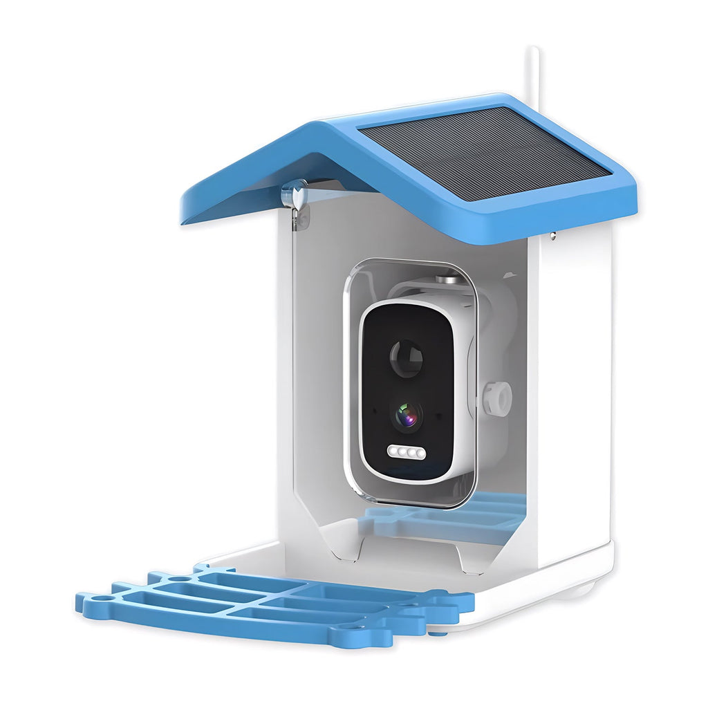 Solar-powered security camera with blue and white design on a white background