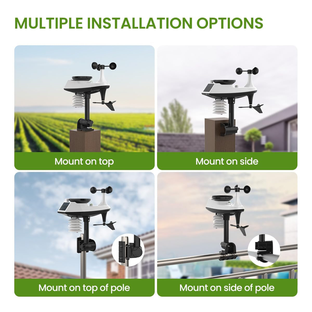 Multiple installation options for a device on top of a pole, side, and roof with scenic backgrounds.