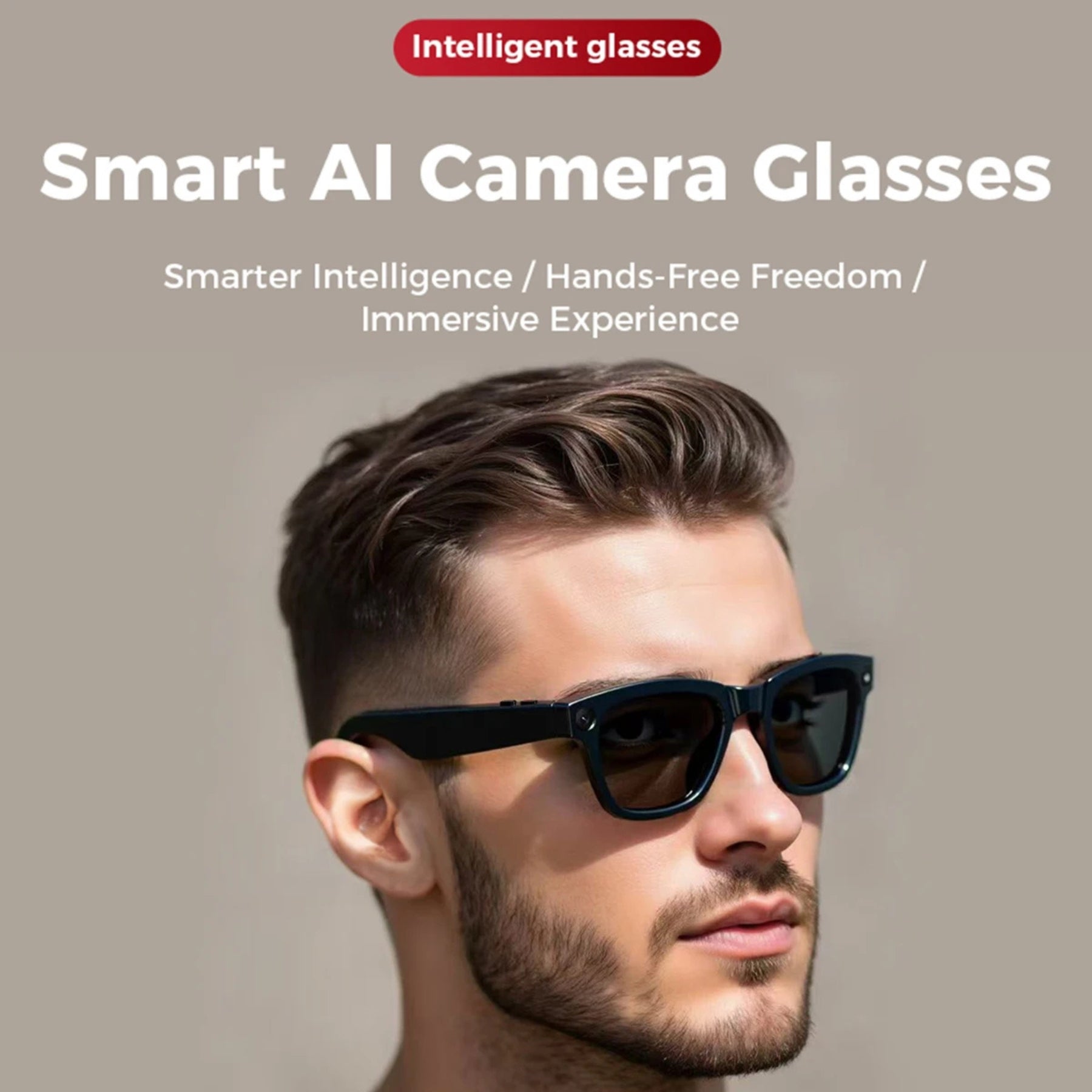 Man wearing smart AI camera glasses with promotional text on a beige background