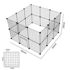 Black metal grid playpen with dimensions on a white background