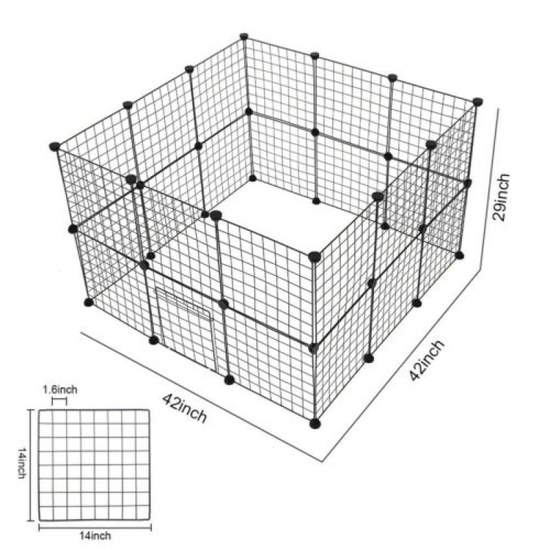 Black metal grid playpen with dimensions on a white background