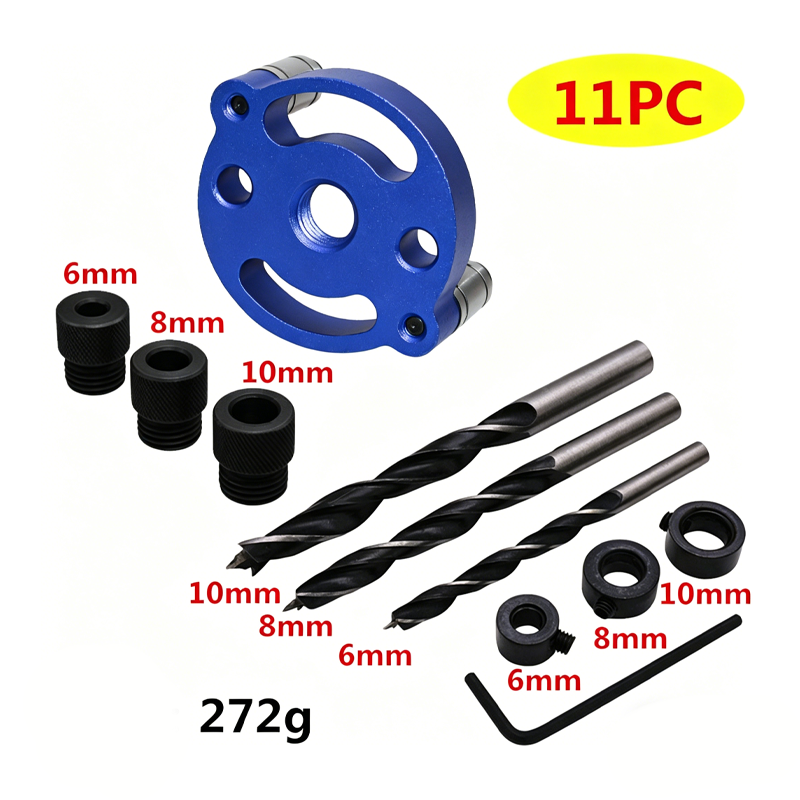 11-piece drill bit set with blue circular component on a white background