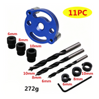 11-piece drill bit set with blue circular component on a white background