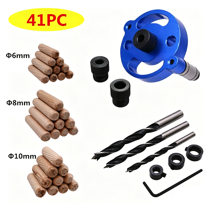 Set of drilling tools including blue drill bit, wooden dowels, and drill bits on a white background.