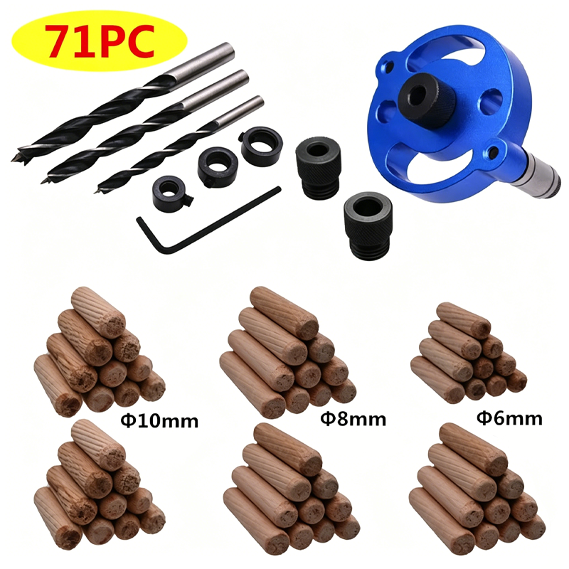 71-piece drill bit and wooden dowel kit with blue mandrel on a white background