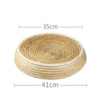 Round woven mat with dimensions labeled on a white background