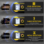 Stud, cable, and metal detection tool with labeled functions on a gray background