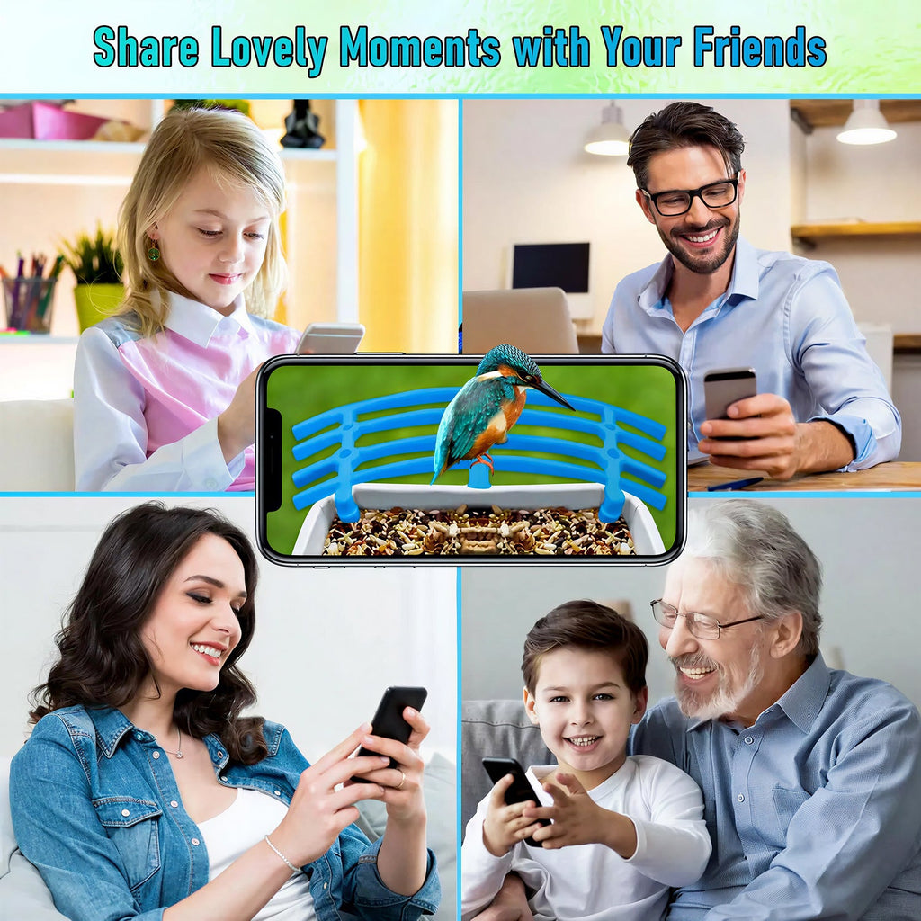 Collage of people using smartphones with a focus on sharing moments, including a bird on a bench.