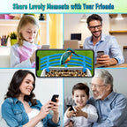 Collage of people using smartphones with a focus on sharing moments, including a bird on a bench.