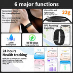 Smartwatch with features listed on a white background