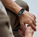 Person wearing a smartwatch with a blurred background