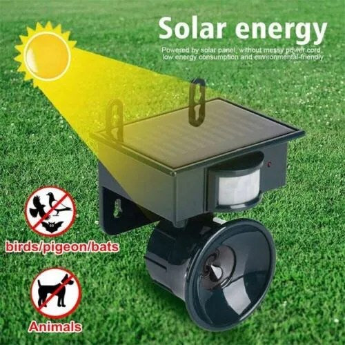 Solar-powered pest control device on grass with text about solar energy and its benefits.
