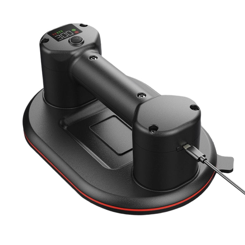 Black vacuum cleaner attachment with digital display on a white background