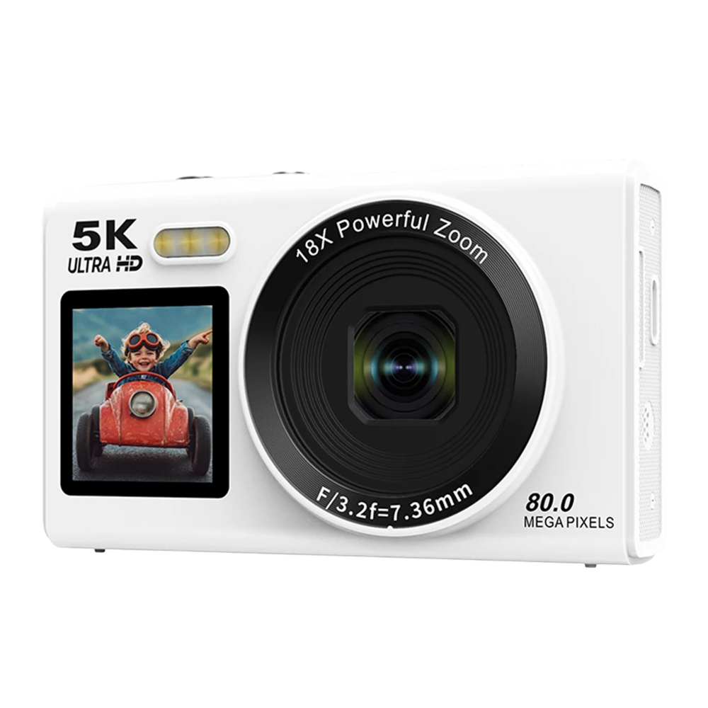 Digital camera with 5K Ultra HD and 18x zoom capabilities on a white background