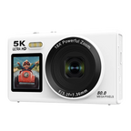 Digital camera with 5K Ultra HD and 18x zoom capabilities on a white background