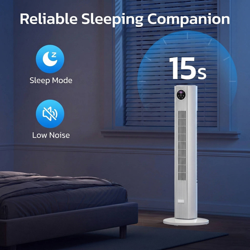 Tower fan in a bedroom with sleep mode and low noise features highlighted.