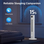 Tower fan in a bedroom with sleep mode and low noise features highlighted.