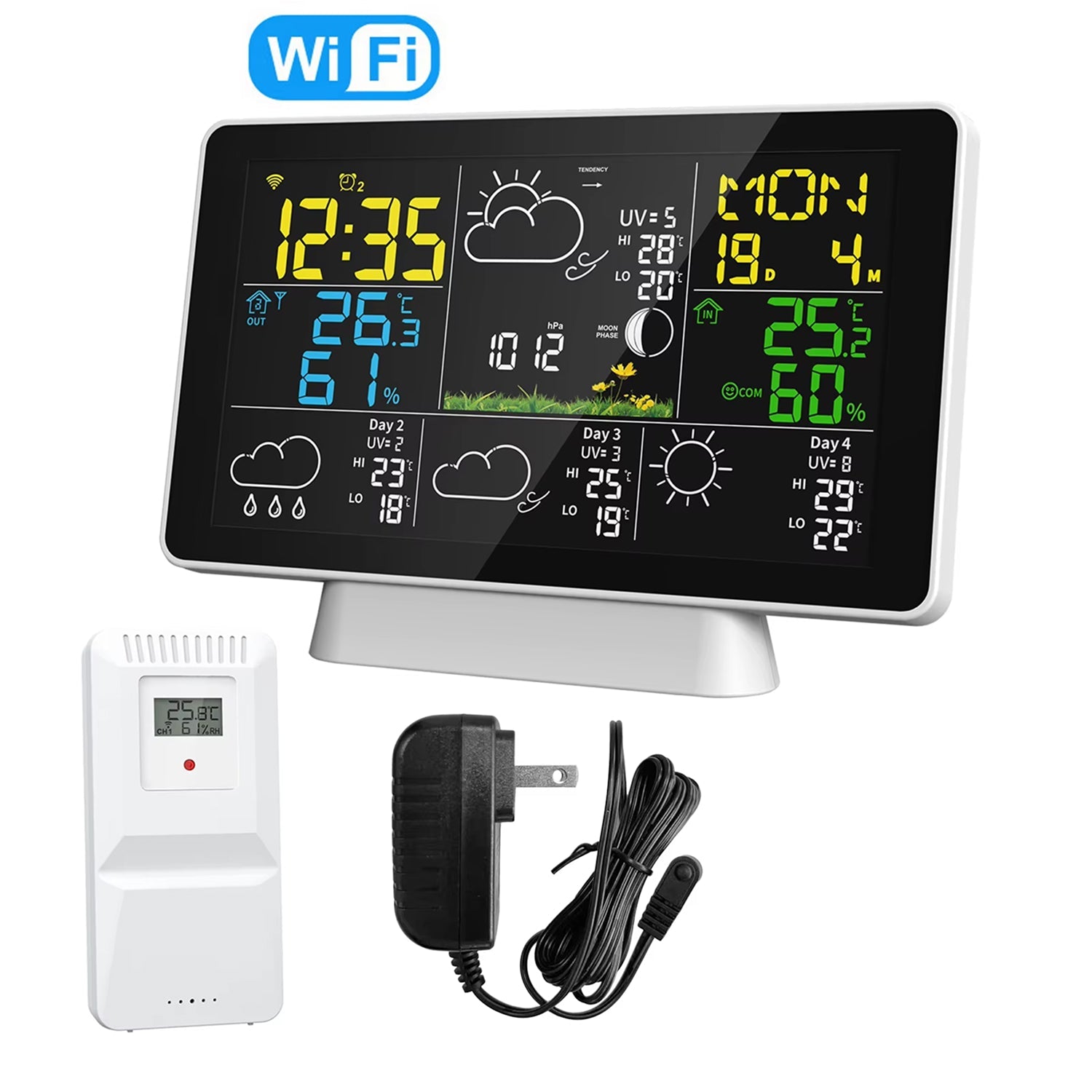 Digital weather station with large display, remote sensor, power adapter, and cable on a white background.