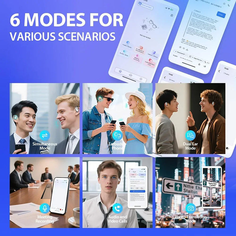 Collage of people using a smartphone with text '6 Modes for Various Scenarios' on a blue background.