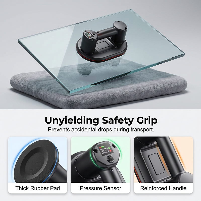 Product with safety grip features on a glass surface, emphasizing stability.