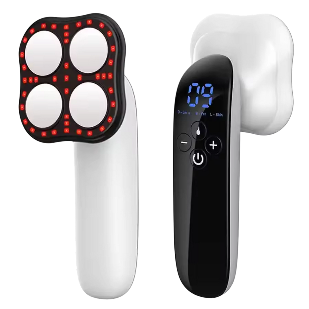 White electronic device with red lights and black control unit on a white background