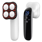 White electronic device with red lights and black control unit on a white background
