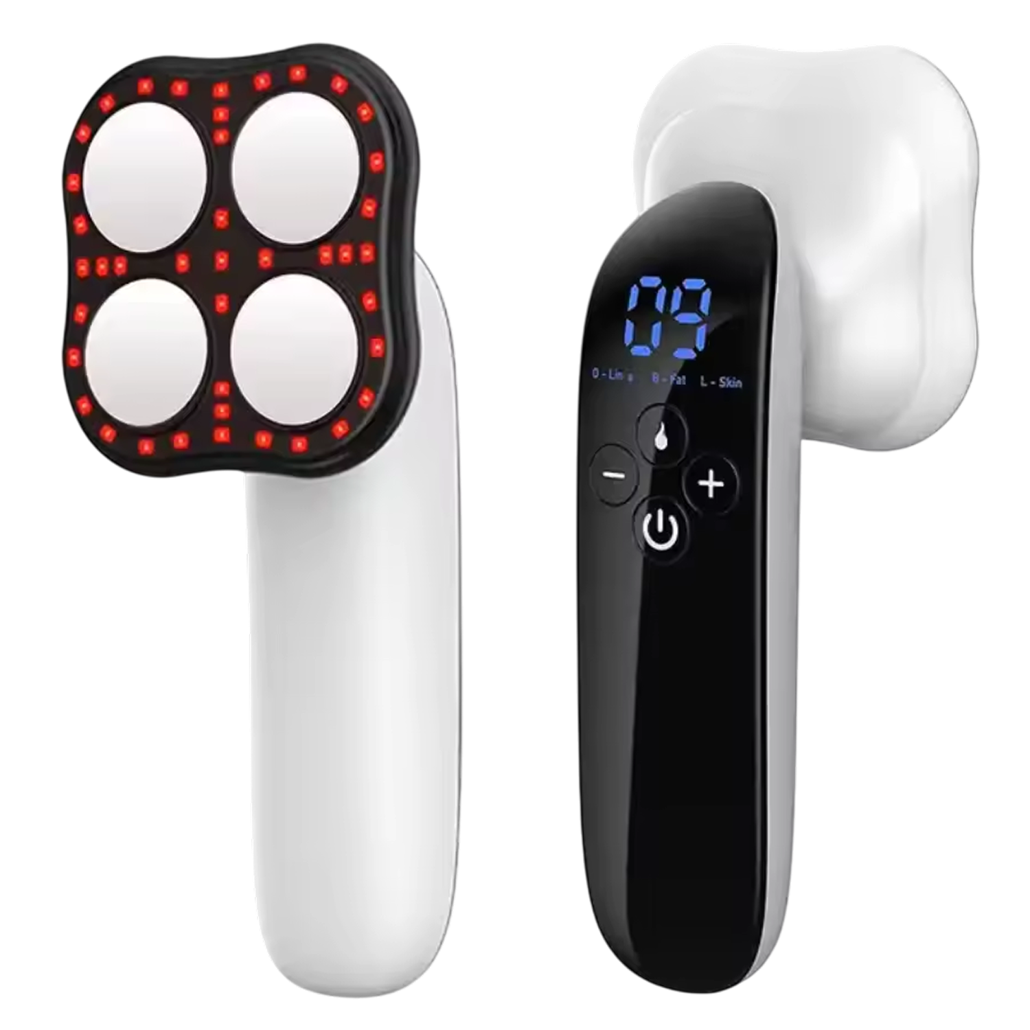 White electronic device with red lights and black control unit on a white background
