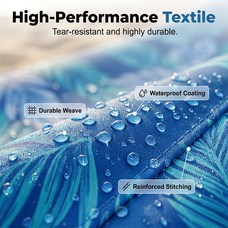 High-performance textile with waterproof coating, durable weave, and reinforced stitching features.