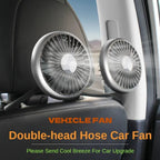 Double-head hose car fan installed in a car interior with text promoting its use.