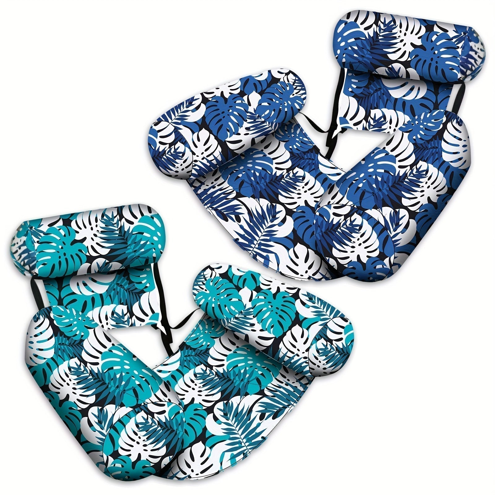 Set of blue and white leaf-patterned seat covers on a white background