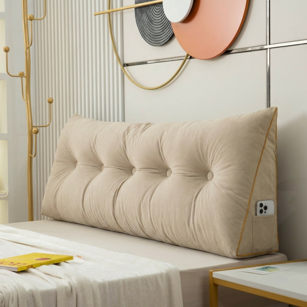 Beige tufted headboard pillow on a bed with decorative wall art in the background.