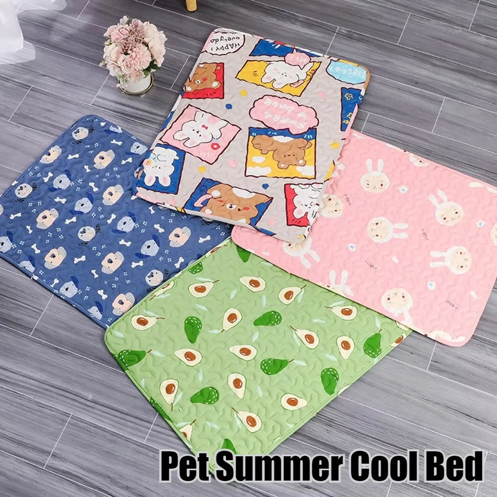 Four pet summer cool beds with different patterns on a wooden floor.