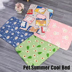 Four pet summer cool beds with different patterns on a wooden floor.