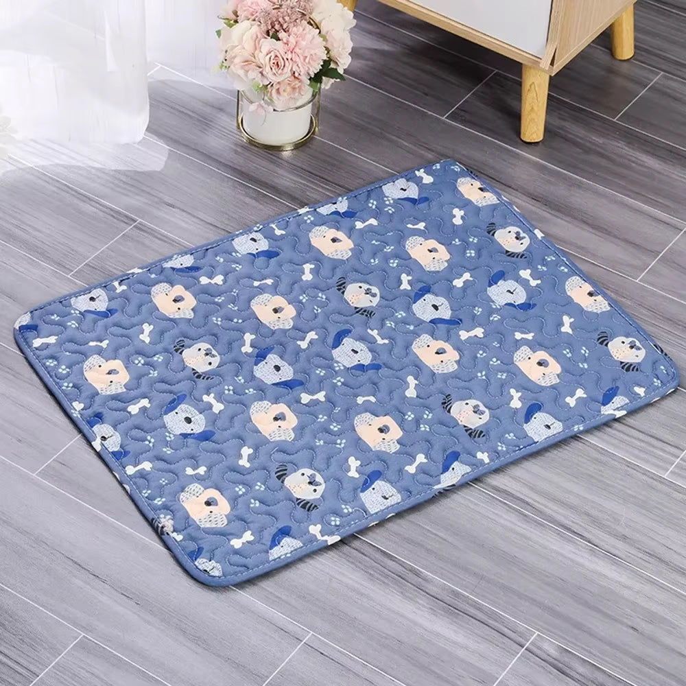 Blue pet mat with dog pattern on a wooden floor