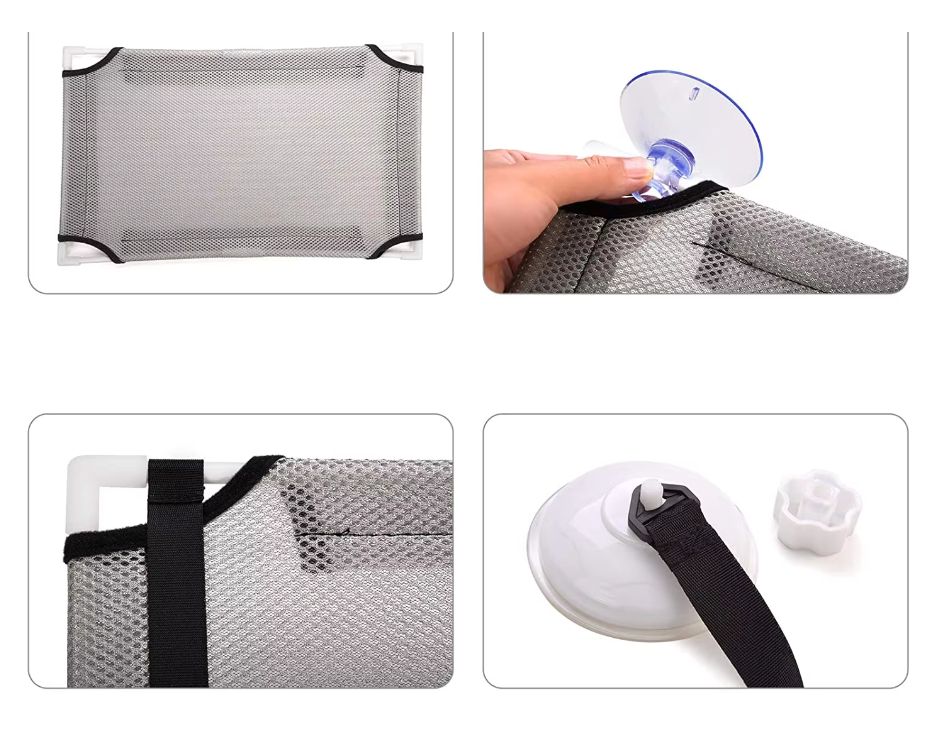 Collage of a mesh bag with a suction cup and straps on a white background