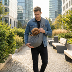Man holding a small dog in a sling while walking outdoors in an urban setting
