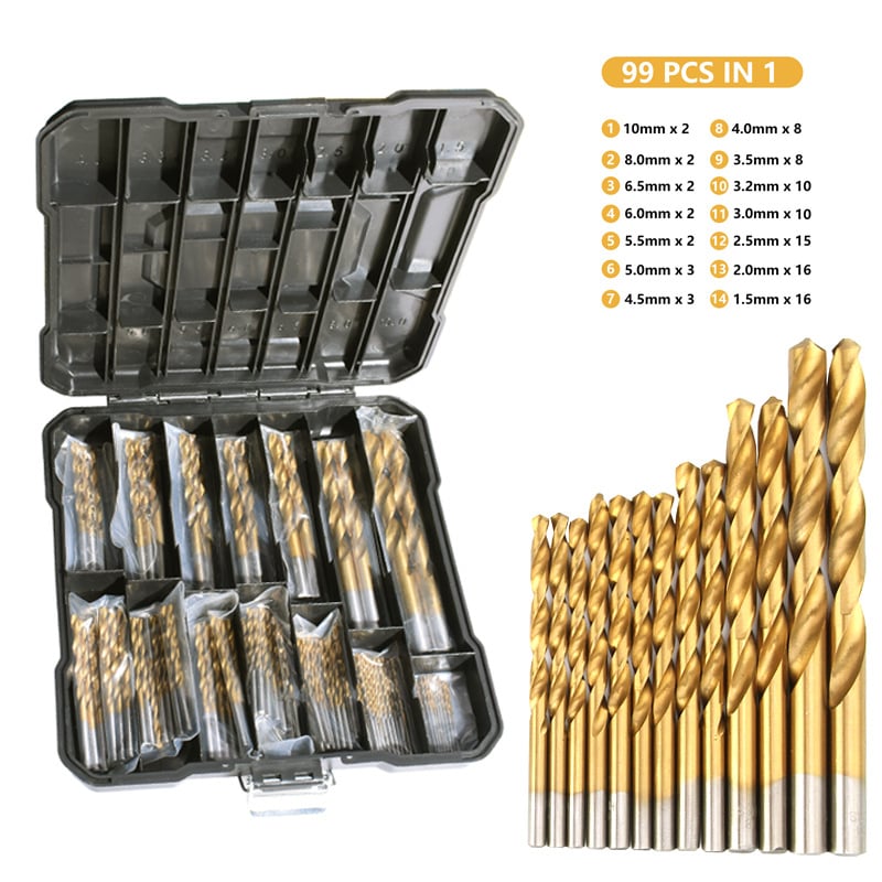 99-piece drill bit set with open case and individual bits displayed.