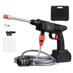Black pressure washer with red accents, hose, and spray nozzle on a white background