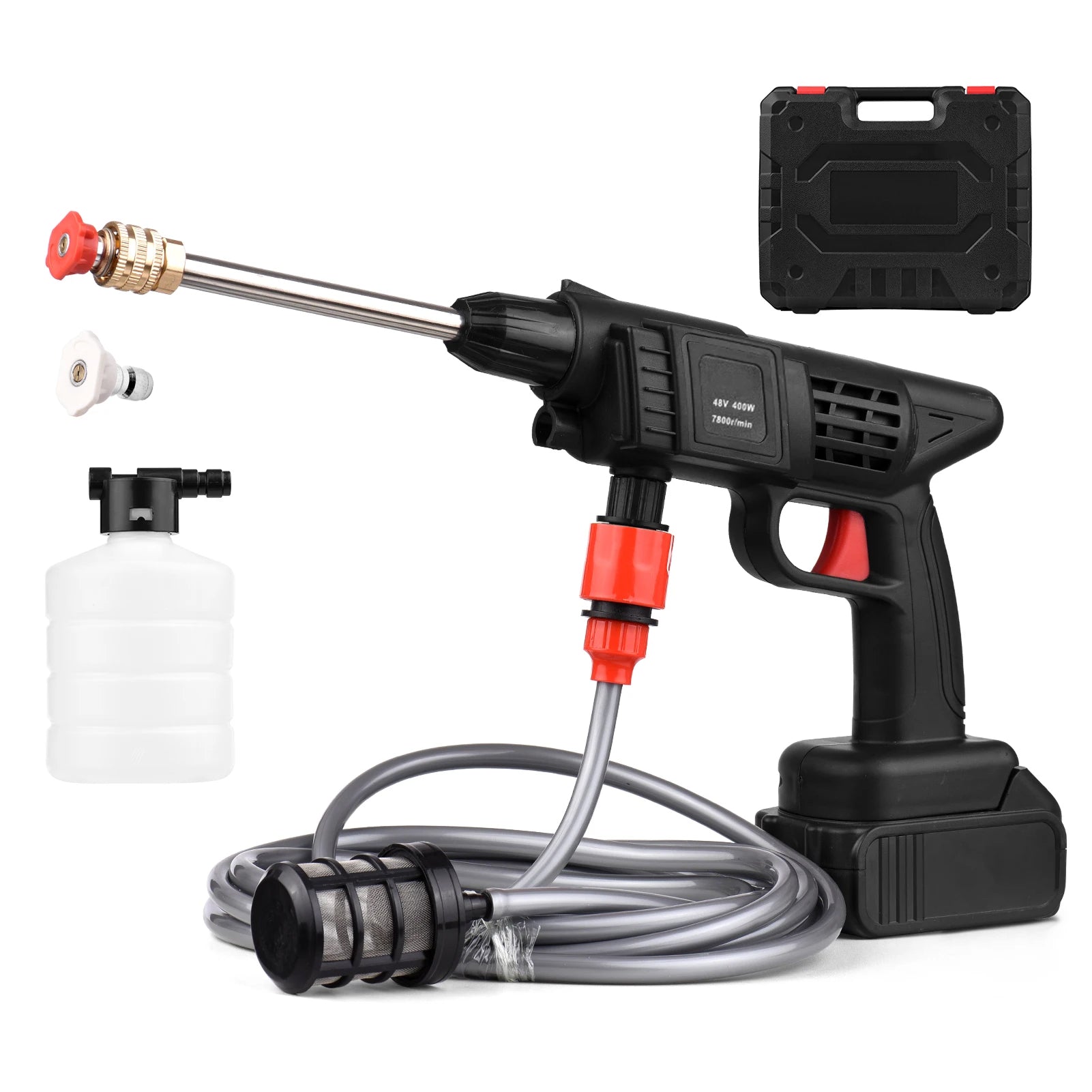 Black pressure washer with red accents, hose, and spray nozzle on a white background