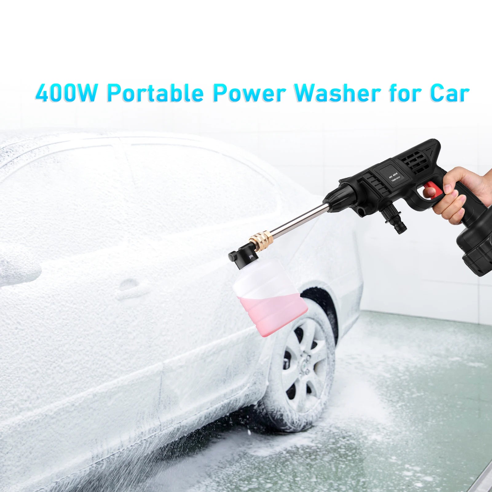 400W Portable Power Washer for Car cleaning a car with water spray.