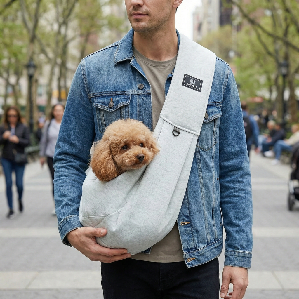 Man holding a small dog in a sling on a city street