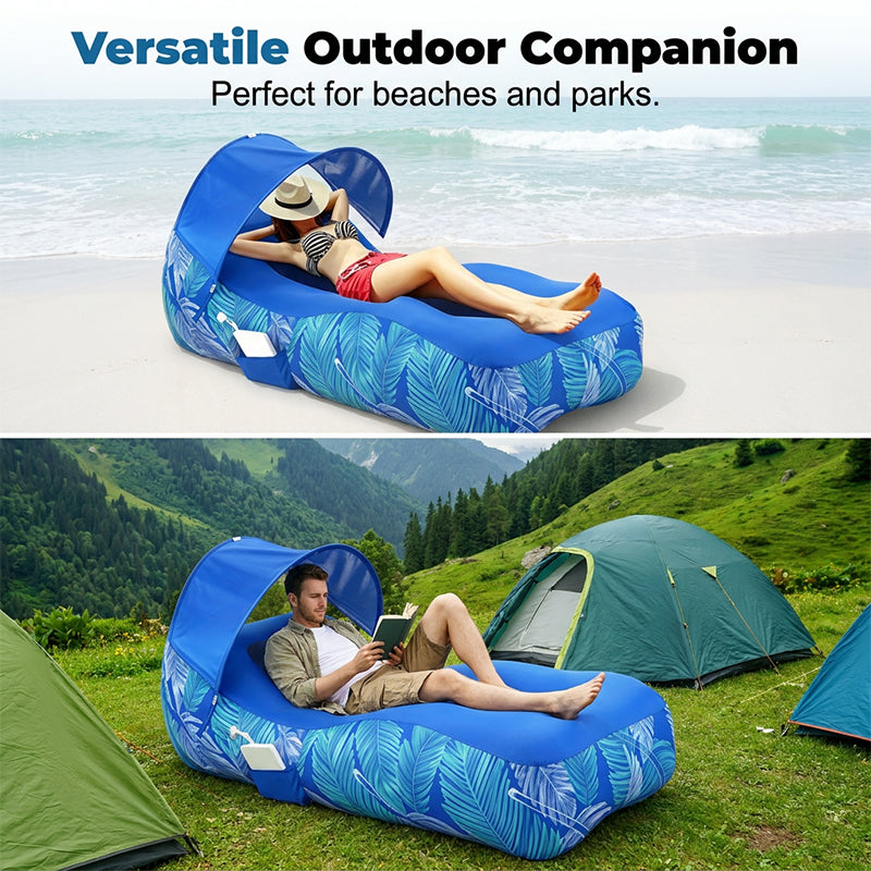 Inflatable lounge chair with canopy used on a beach and in a park setting.
