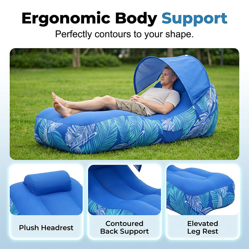 Inflatable lounge with ergonomic design features on a grassy background