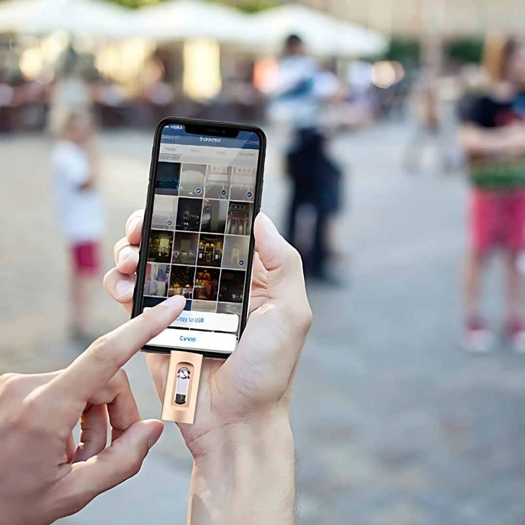 Person holding a smartphone with a social media app open, blurred outdoor background
