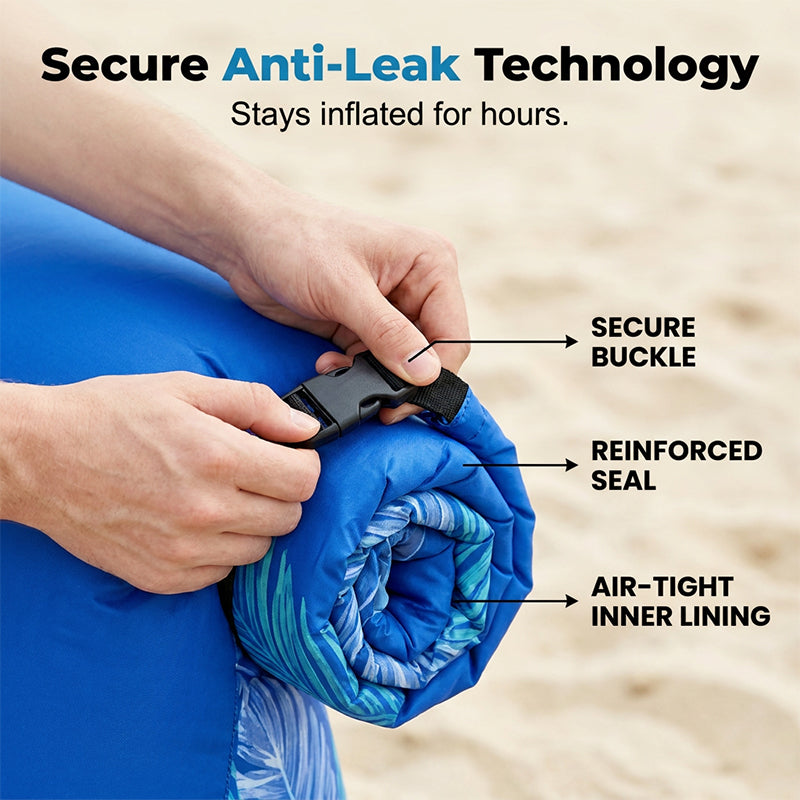 Blue inflatable mattress with hands securing it, labeled for secure buckle, reinforced seal, and air-tight inner lining.