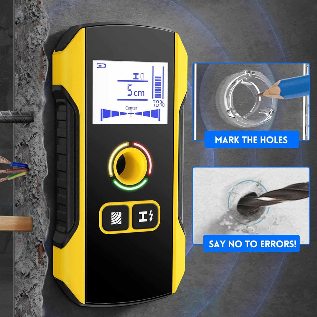Yellow and black FNIRSI WD-01 laser distance measuring device on a gray background with text 'Mark the holes' and 'Say no to errors!'.