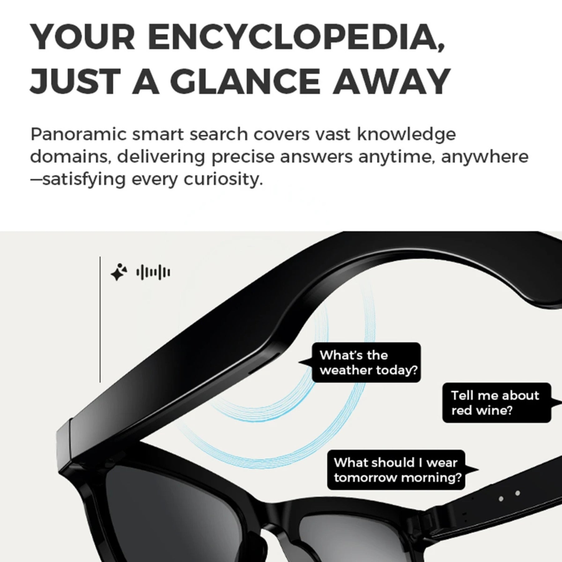 Smart glasses with text overlay on a white background