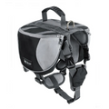 Black and gray dog harness with a bag on a white background