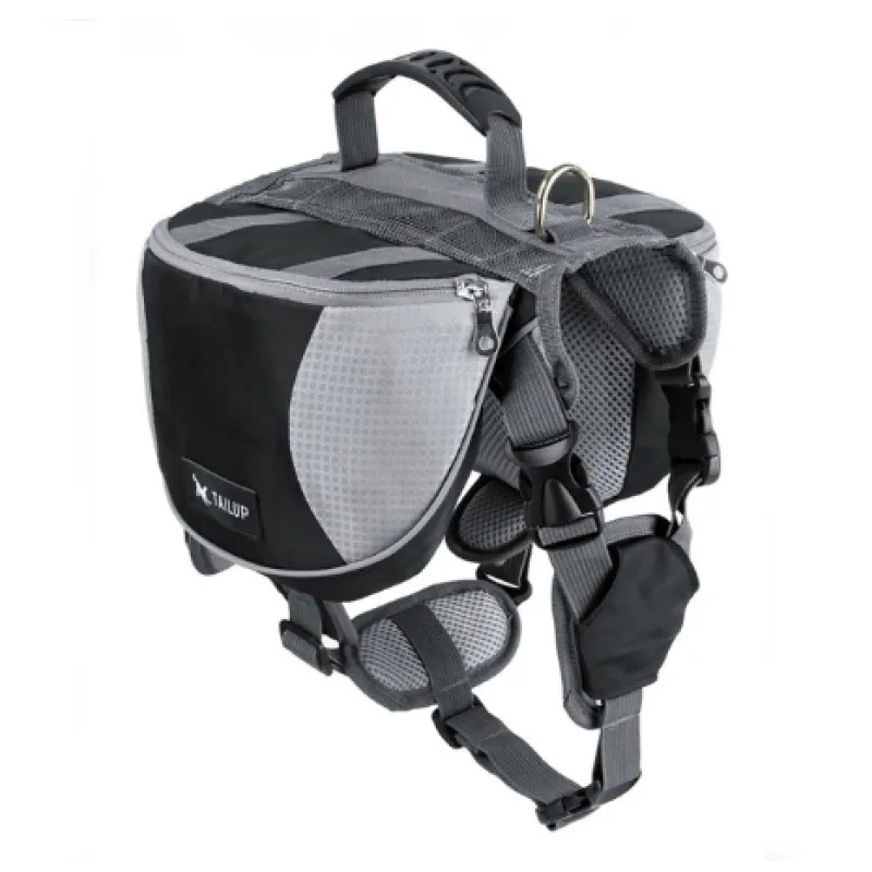Black and gray dog harness with a bag on a white background